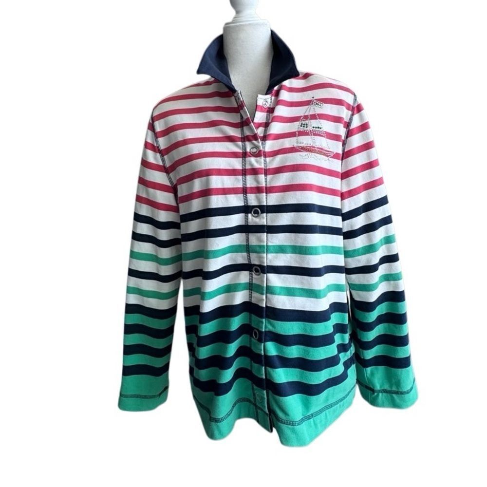 Alfred Dunner Sweater Striped Snap Front Sailboat Cardigan SZ 8